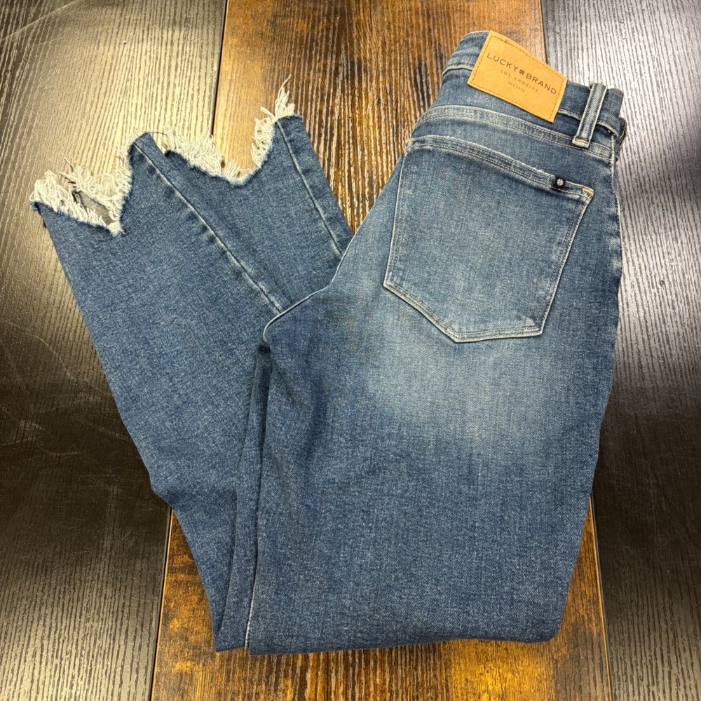 Lucky Brand Bridgette High Rise Skinny Jeans Sharkbite Hem Blue 4/27 Ankle